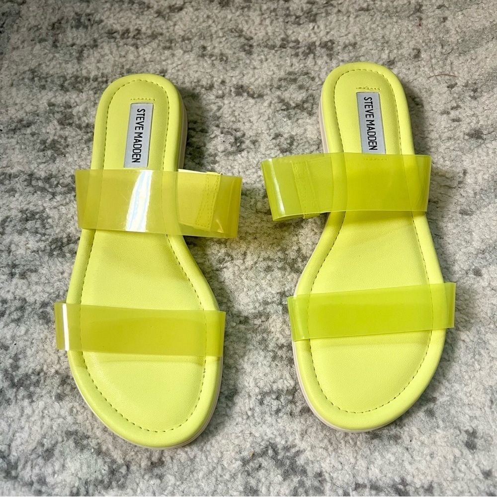 Steve Madden Greer Double Strap Sandals Green Yellow Slides - Picture 15 of 15